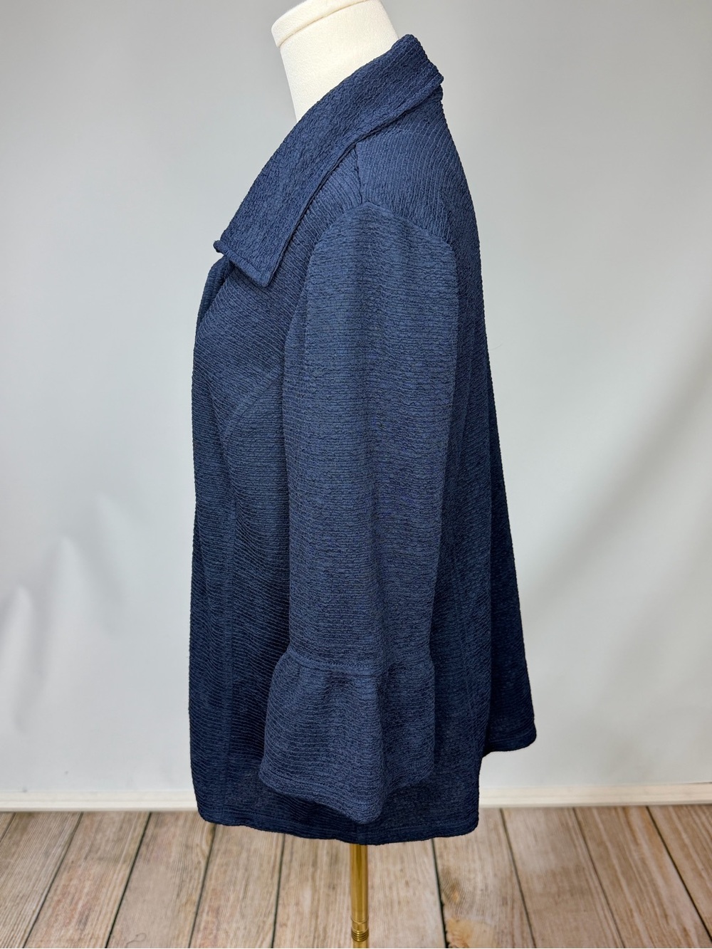JM Collection Navy Textured Buttoned Jacket with Ruffle Sleeves - Picture 5 of 6